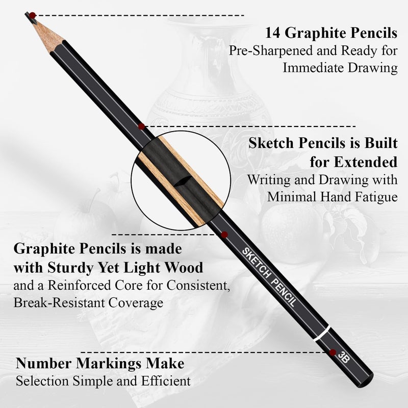 Aenir Sketch Pencils for Drawing, Drawing Pencils Set of 18, 10B–4H Graphite Pencil, Vinyl Eraser, Kneaded Eraser, Sharpener, Blending Stump,Sketch Set for Artists, Art Supplies. - Image 4